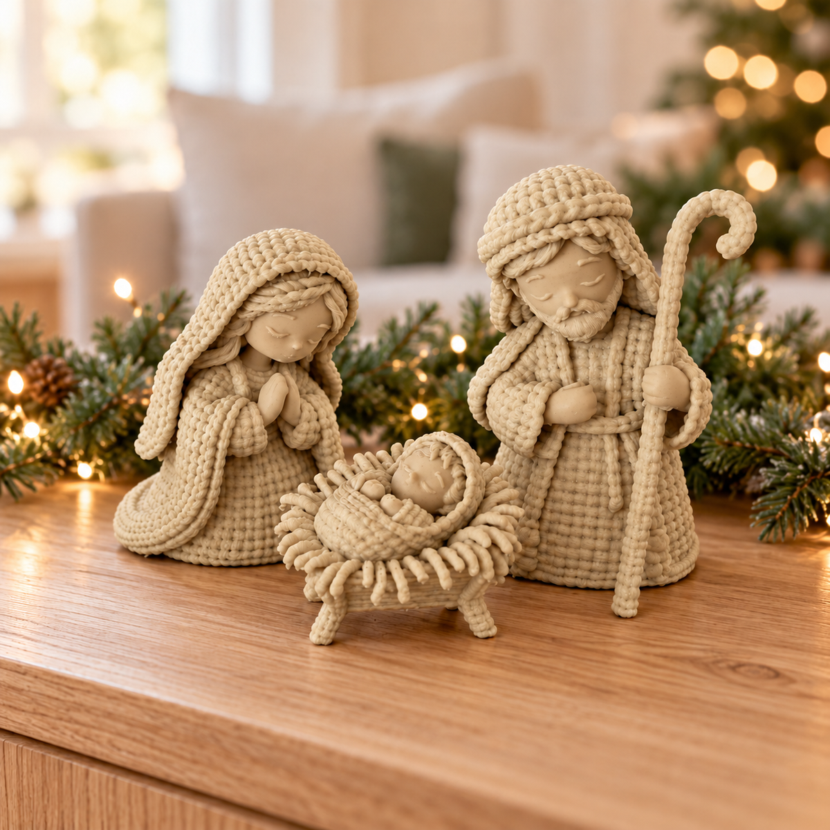 Knit-Effect Nativity Scene — White Oak