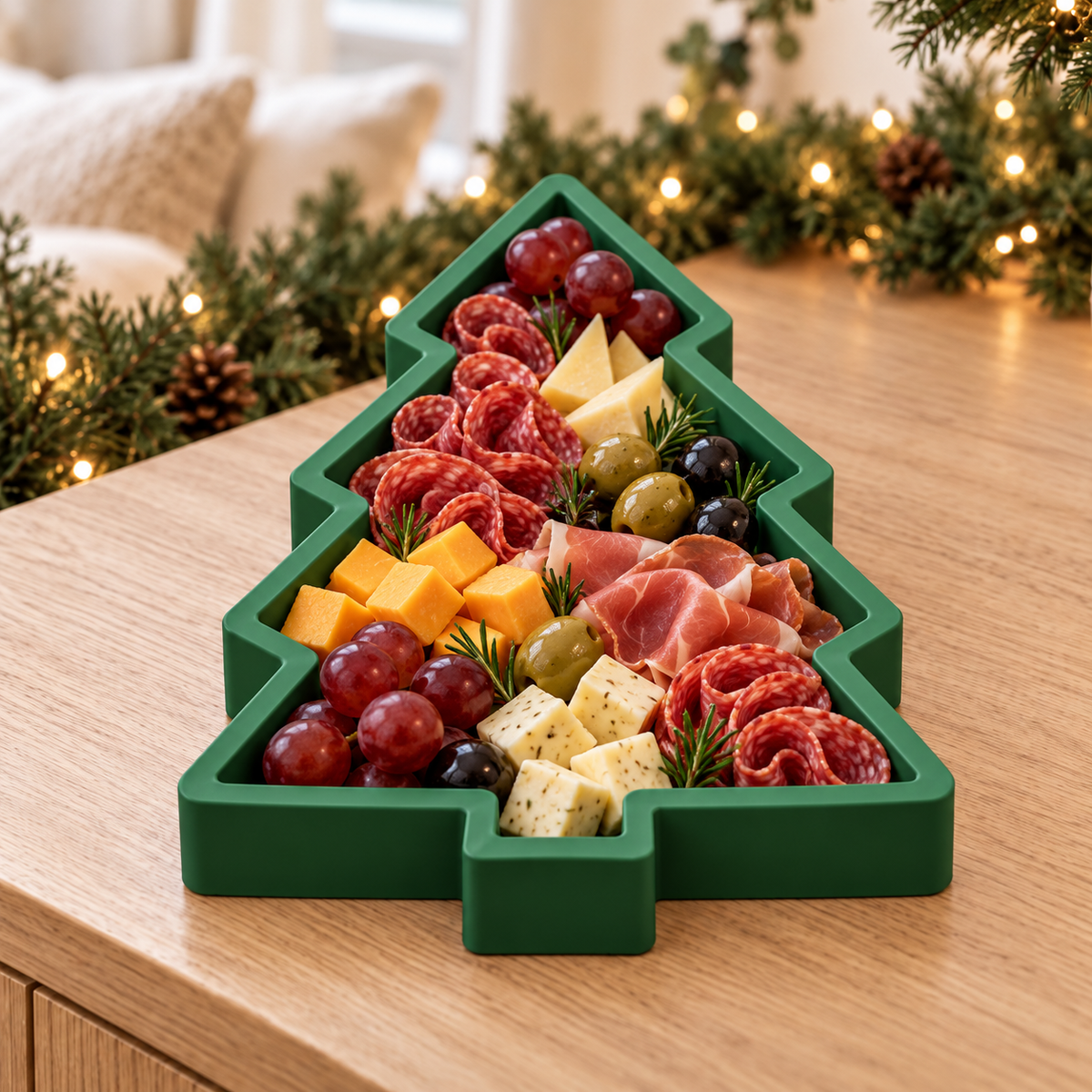 Christmas tree-shaped tray in Mistletoe Green, styled with cheese and salami; food not included