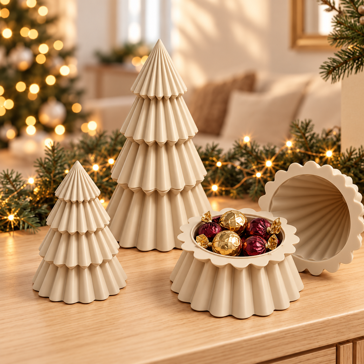 Beige fluted Christmas tree container, styled with wrapped chocolates; chocolates and other sizes not included