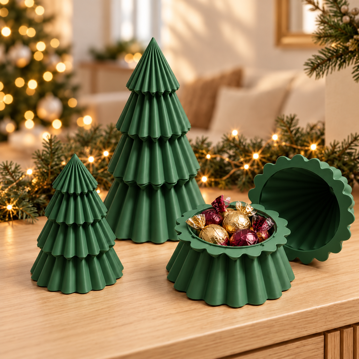 Mistletoe Green fluted Christmas tree container, styled with wrapped chocolates; chocolates and other sizes not included