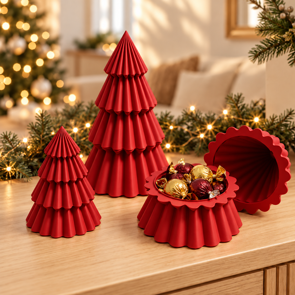 Matte Red fluted Christmas tree container, styled with wrapped chocolates; chocolates and other sizes not included