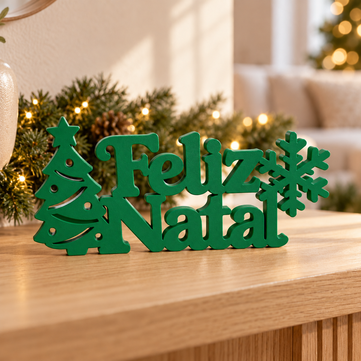 Feliz Natal Sign — Tree & Snowflake — Mistletoe Green