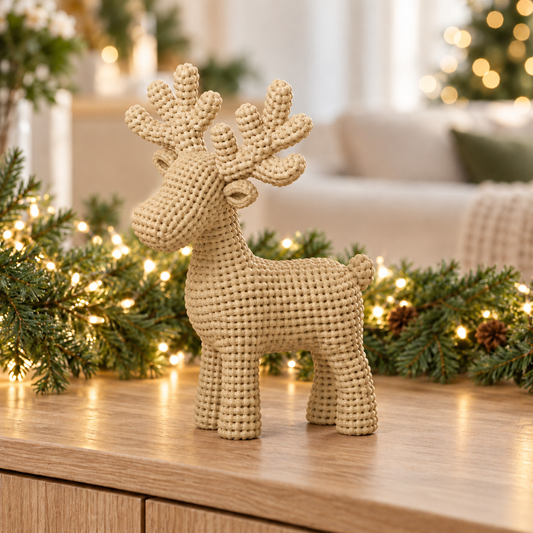 Small beige crochet-effect reindeer included in the AMATTE two-piece duo
