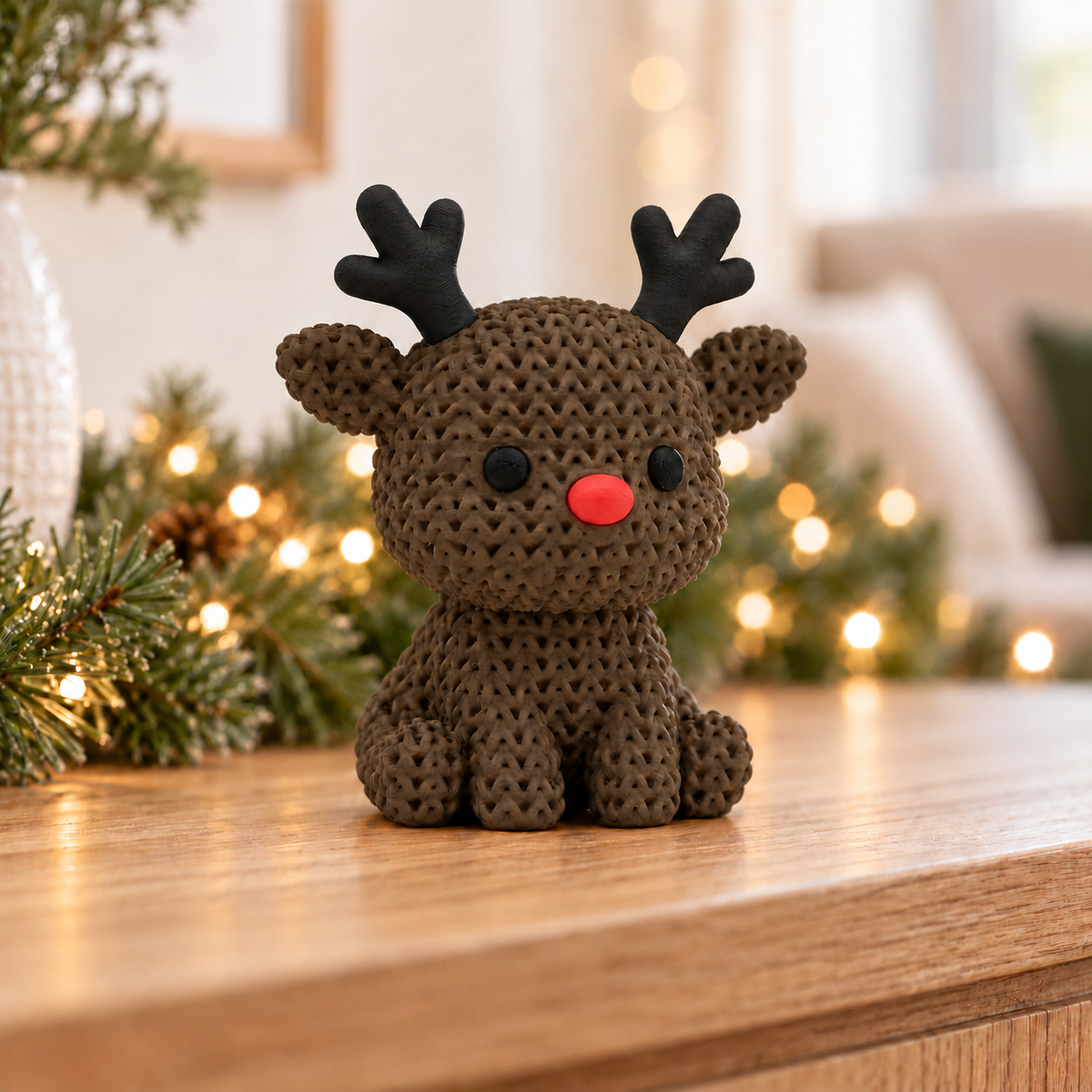 AMATTE seated Black Walnut reindeer with black antlers and red nose