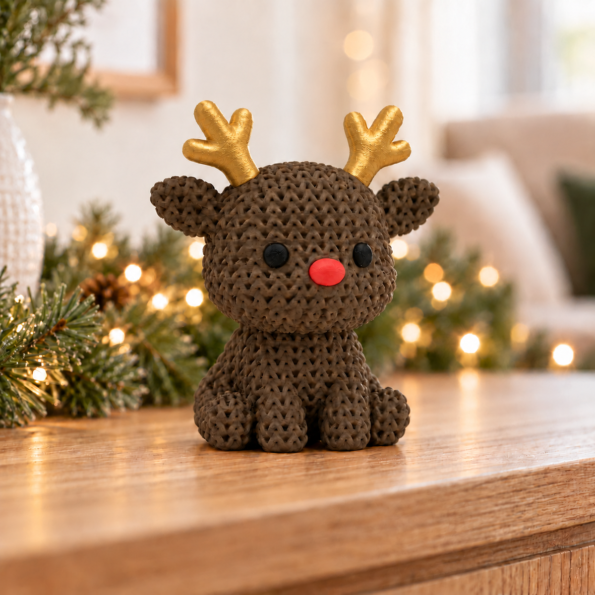 AMATTE seated Black Walnut reindeer with Gold Silk antlers, black eyes and red nose